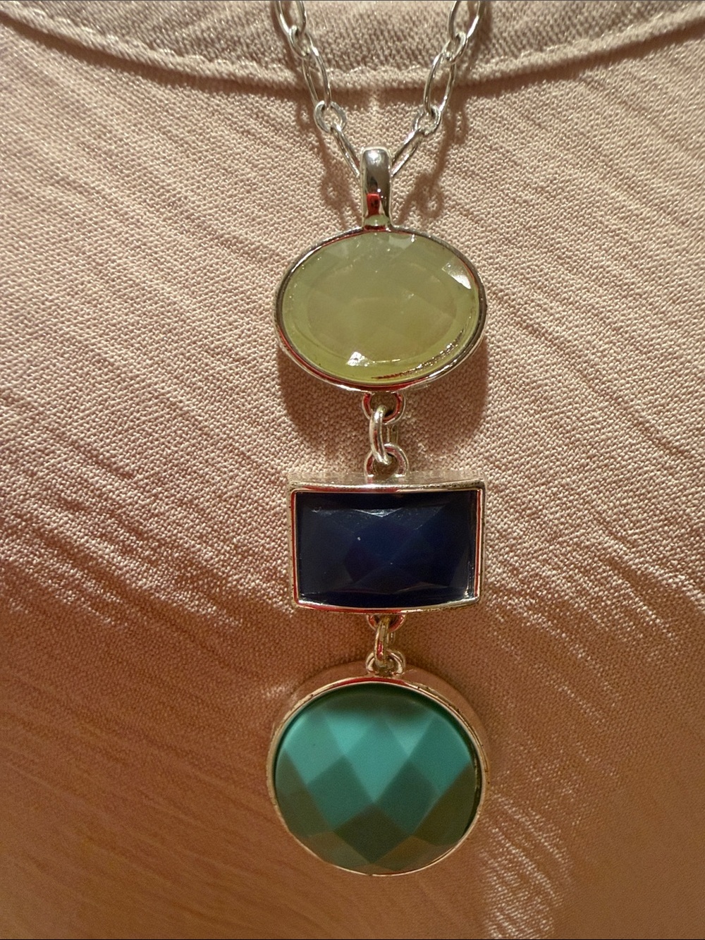 Liz Claiborne Silver Necklace with Lime, Navy & Teal Stones